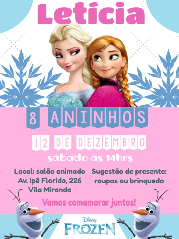 Convite Aniversário Frozen com Elsa e Anna para Editar Online