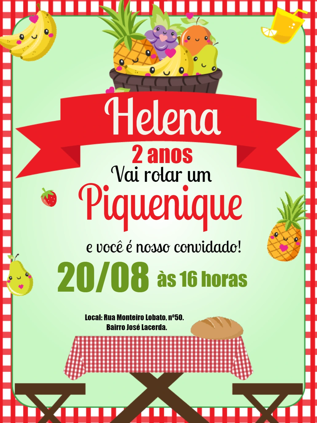 Convite de Aniversário Piquenique com Frutinhas para Editar