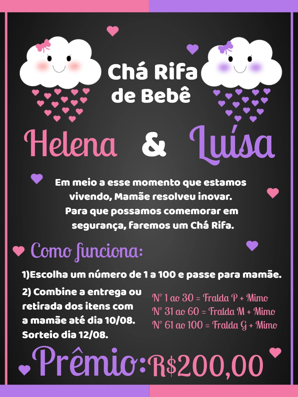 Convite Chá Rifa Gêmeas Nuvens Fofas Editável Online