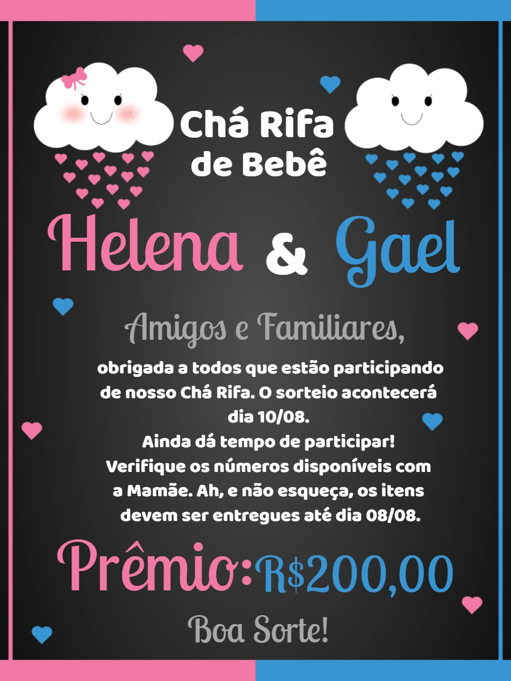 Convite Chá Rifa de Gêmeos Menino e Menina para Editar