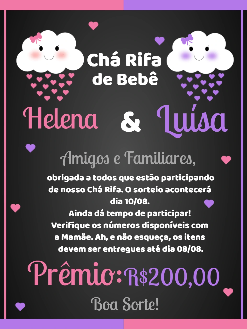 Convite Chá Rifa de Gêmeas Nuvens Fofas para Editar Online