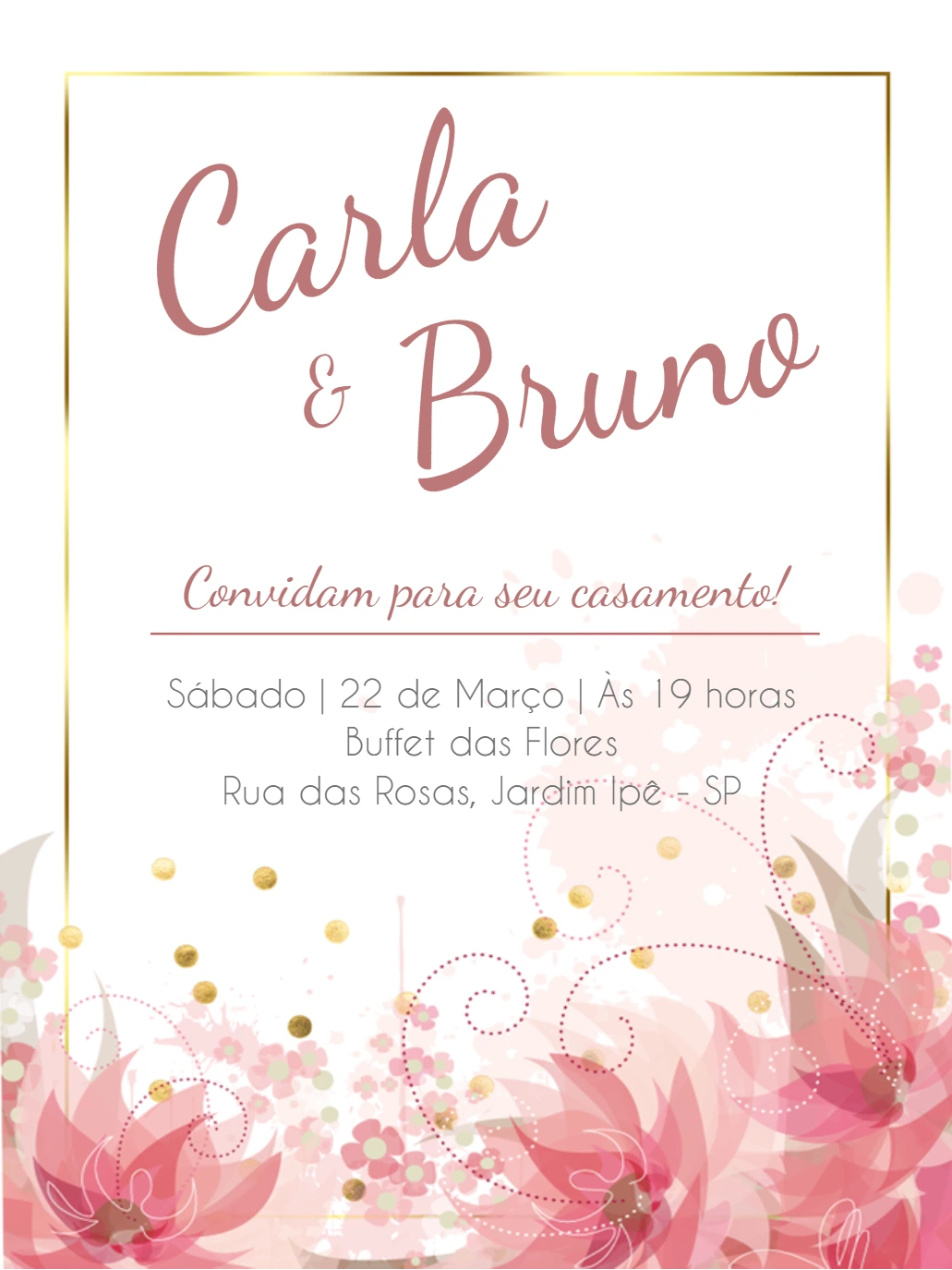 Convite de Casamento Floral Rosa e Dourado para Editar Online