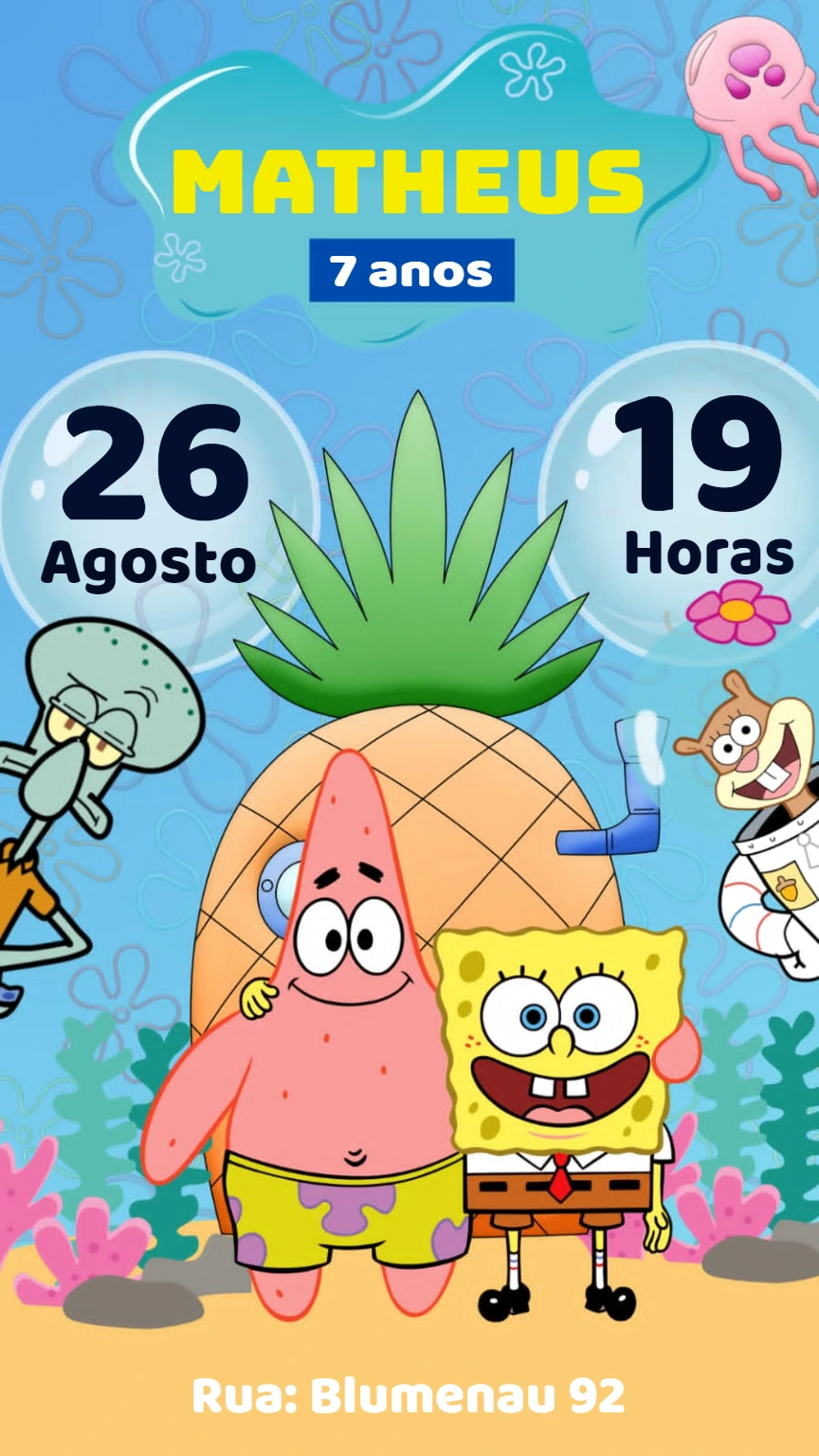 Convite de Aniversário Bob Esponja com Personagens para Editar
