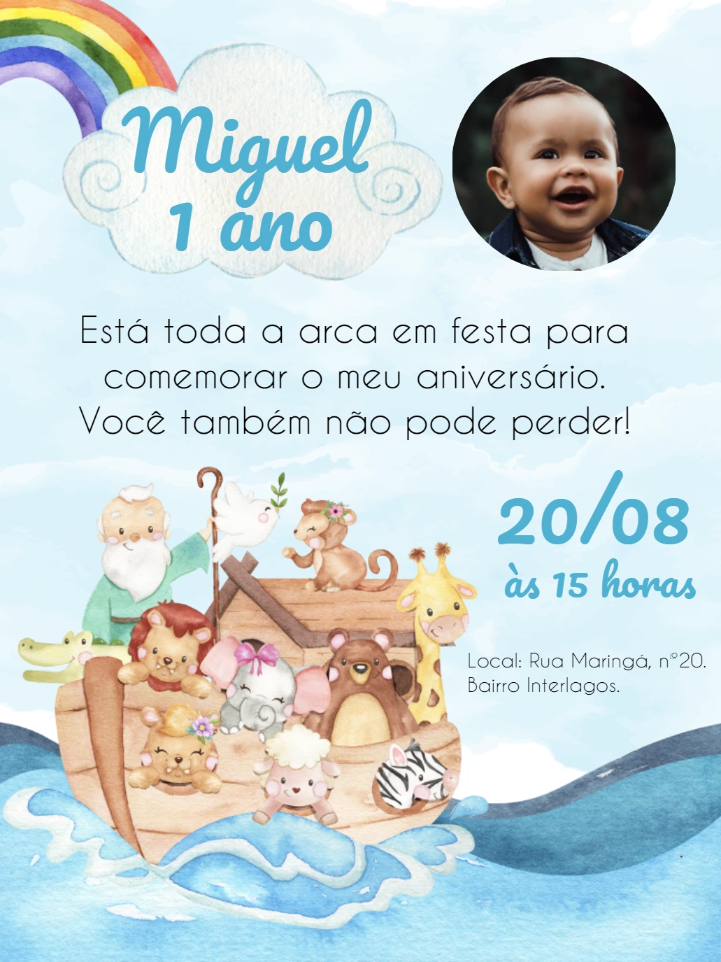 Convite Aniversário Arca de Noé com Foto para Editar Online