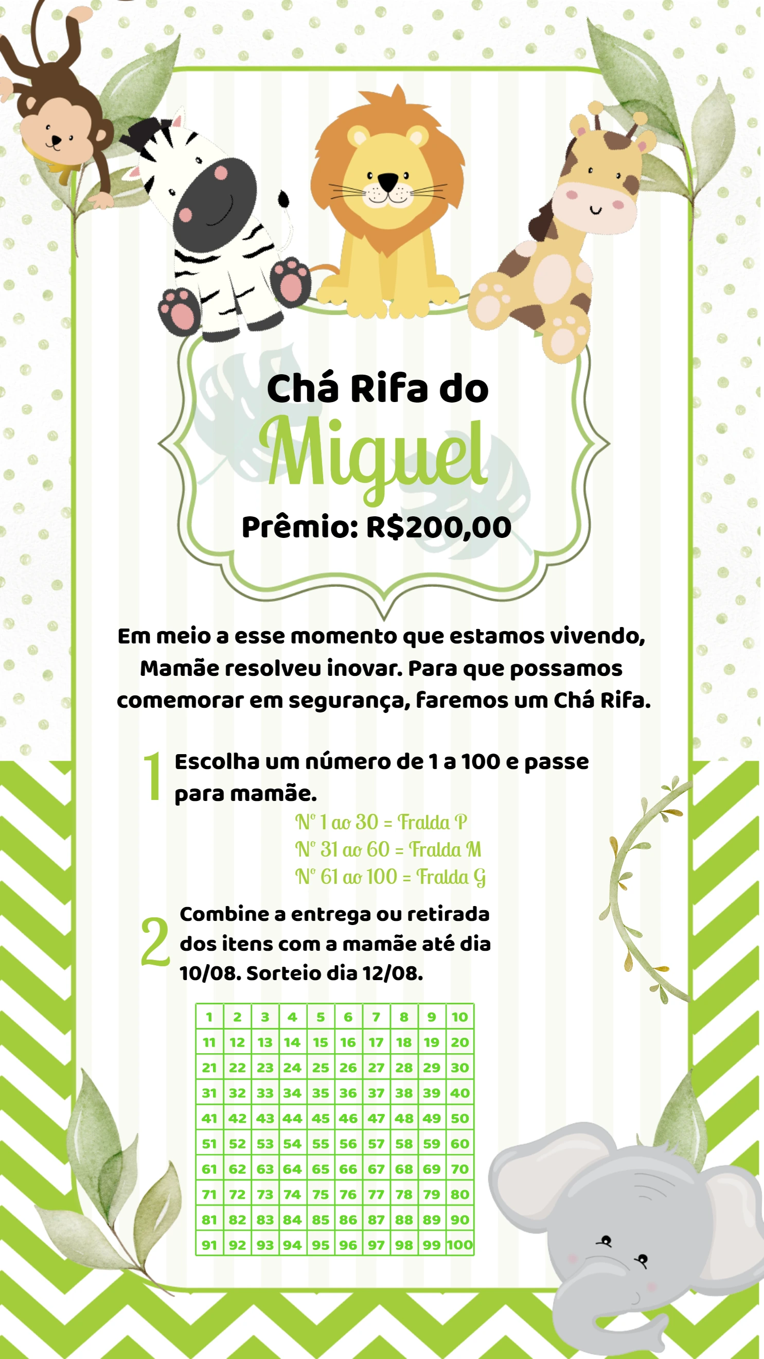 Convite Chá Rifa Safari com Animais para Editar Online