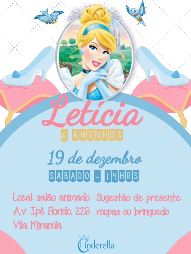 Convite de Aniversário Cinderela Princesa Disney para Editar
