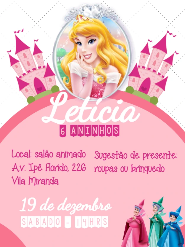 Convite Aniversário Bela Adormecida com Princesa para Editar