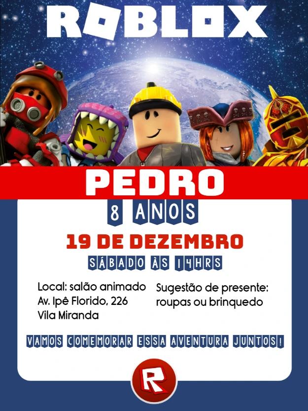 Convite de Aniversário Roblox com Personagens para Editar