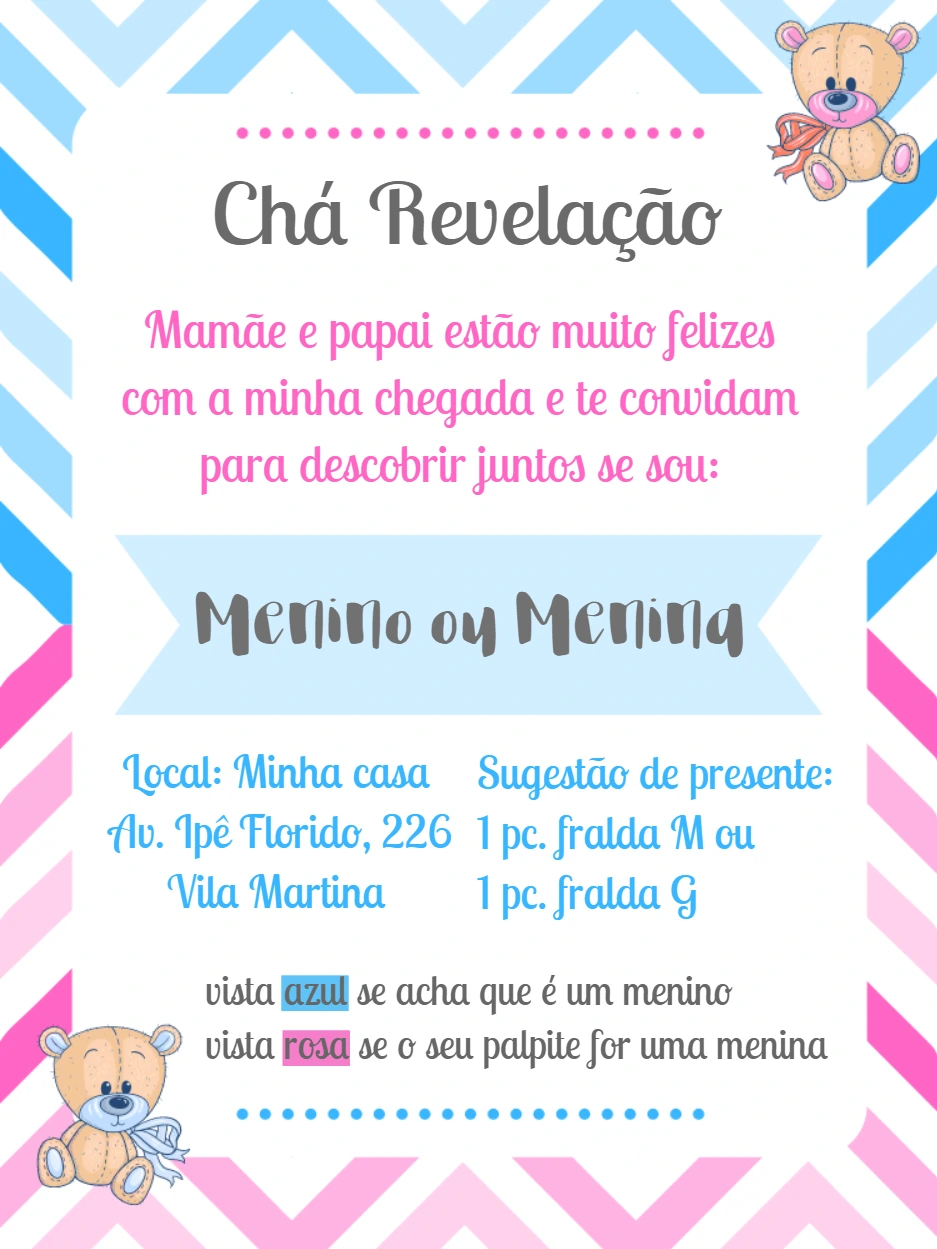 Convite Chá Revelação Ursinhos para Editar Online
