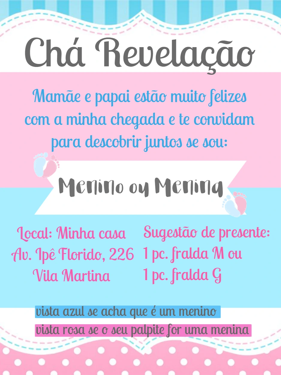 Convite Chá Revelação Rosa e Azul para Editar Online