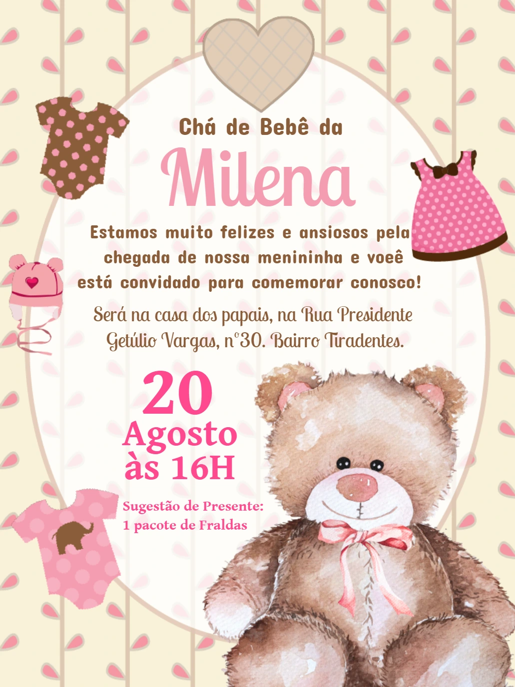Convite Chá de Bebê Ursinha Fofa para Editar Online