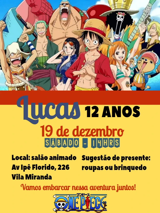 Convite de Aniversário One Piece Editável com Personagens