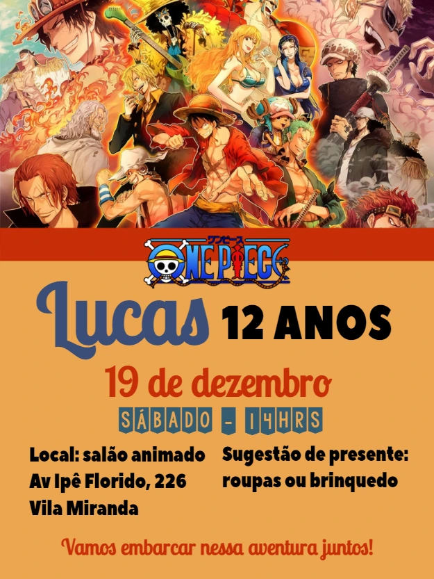 Convite de Aniversário One Piece com Personagens para Editar