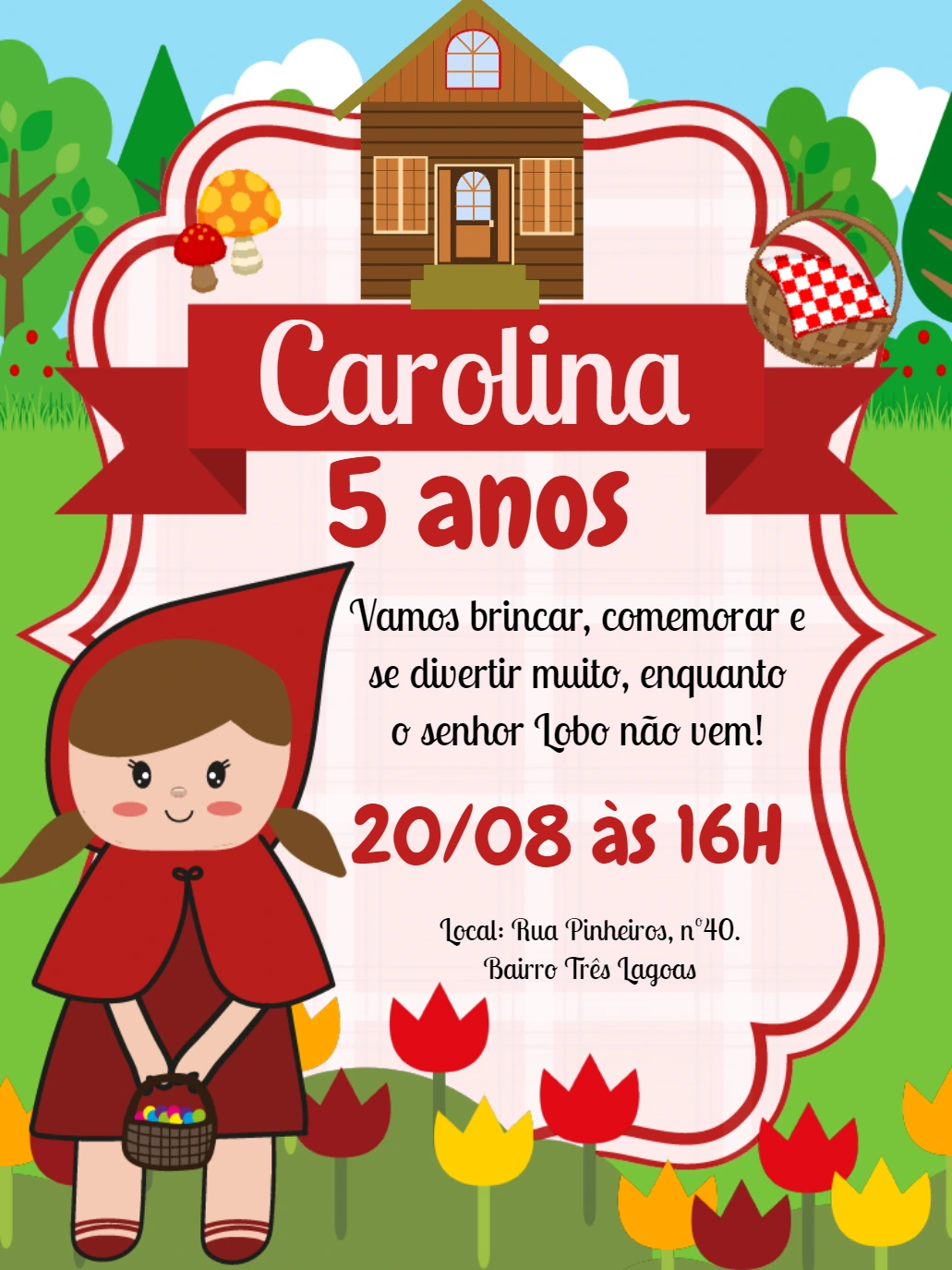 Convite Aniversário Chapeuzinho Vermelho para Editar Online