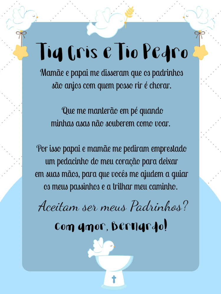 Convite Padrinhos de Batismo Anjinhos para Editar Online