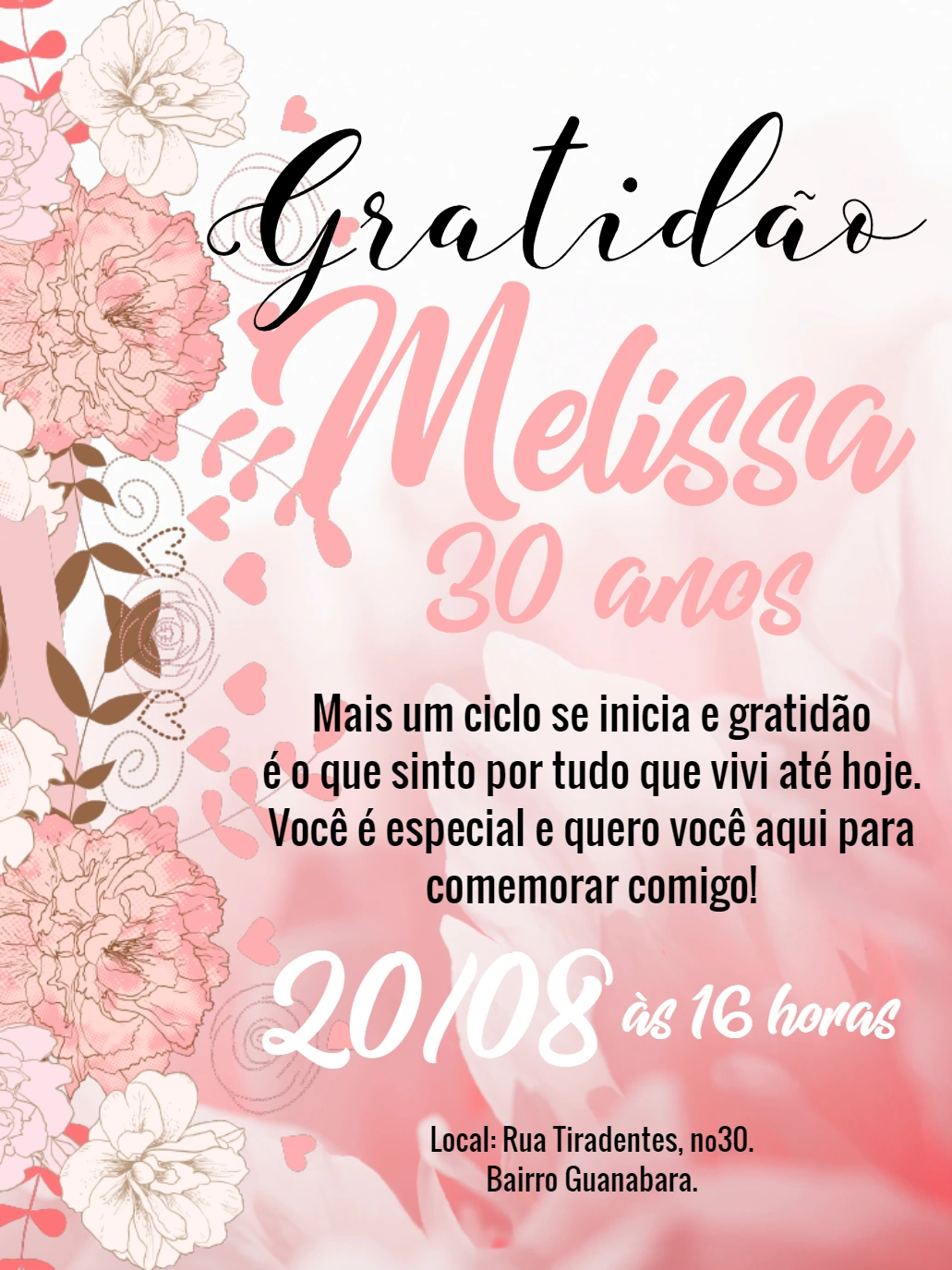 Convite de Aniversário Floral Gratidão para Editar Online