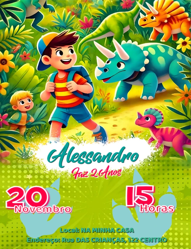 Convite de Aniversário Dinossauro com Menino Editável Online