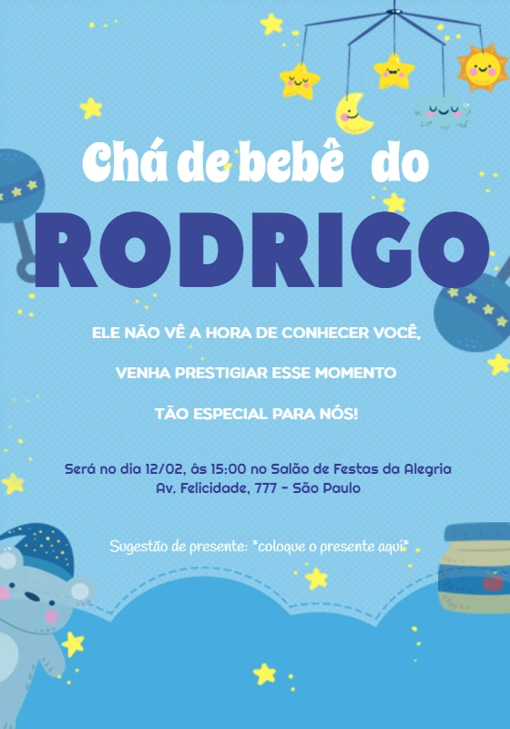 Convite Chá de Bebê Ursinho Azul para Editar Online