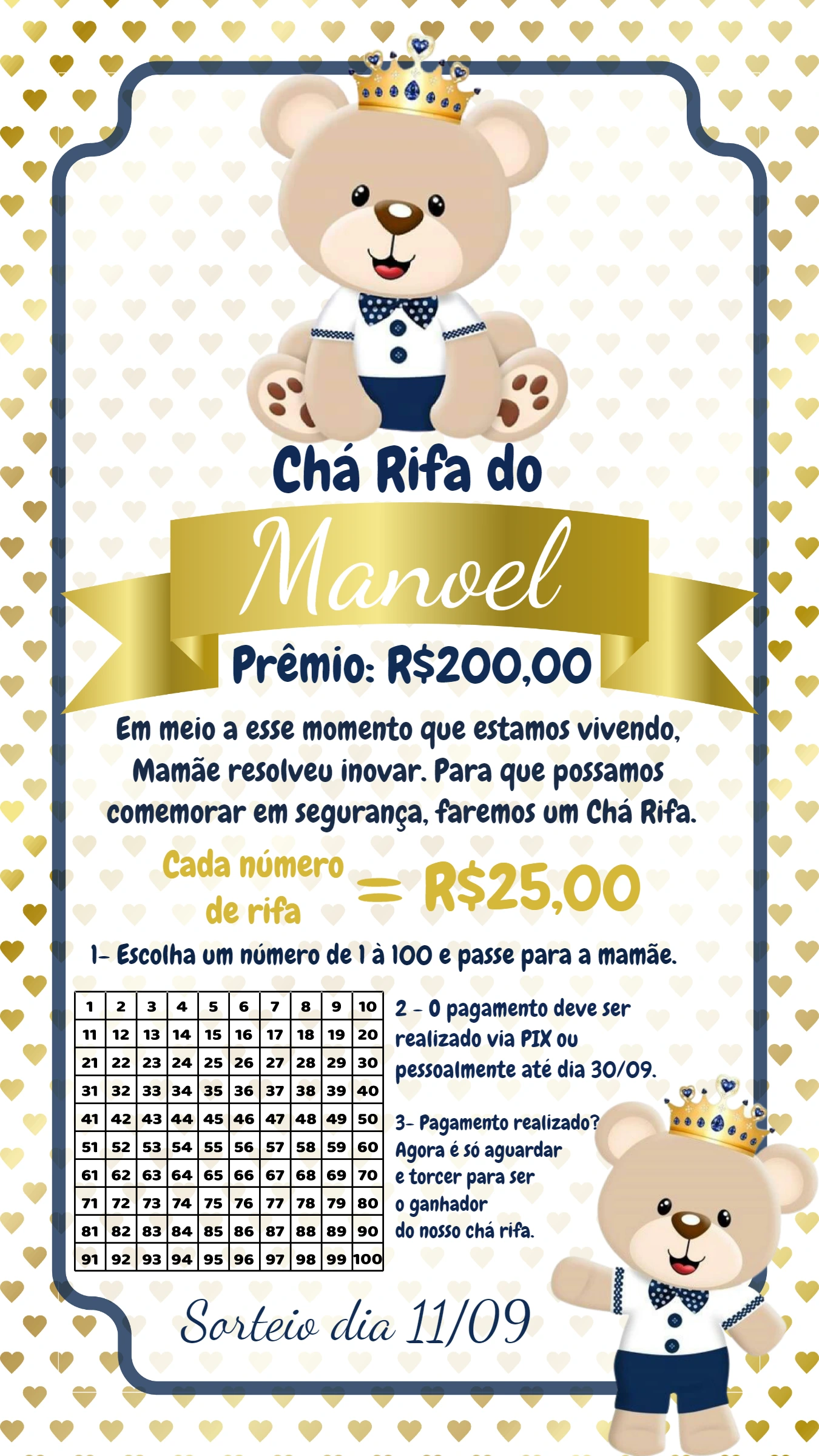 Convite Chá Rifa Ursinho Príncipe para Editar Online