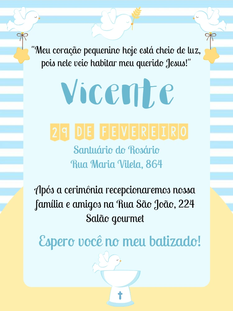 Convite de Batizado Menino Listrado Azul para Editar Online