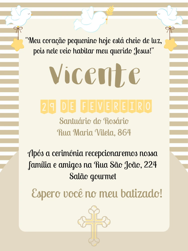 Convite de Batizado Clássico com Pombas para Editar Online