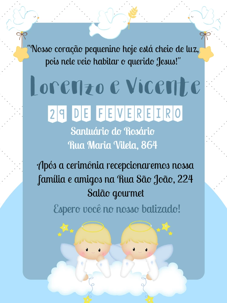 Convite de Batizado de Irmãos com Anjinhos para Editar Online