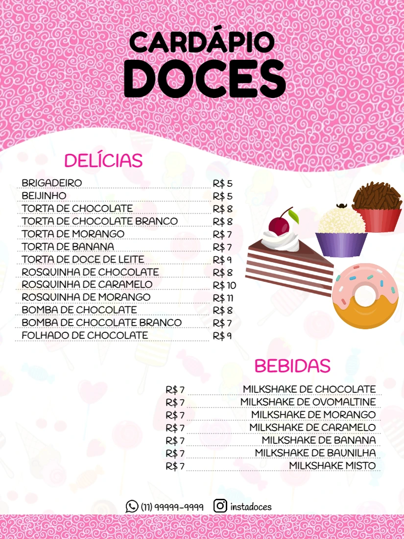 Cardápio Doceria Rosa Editável para Imprimir ou Enviar Online