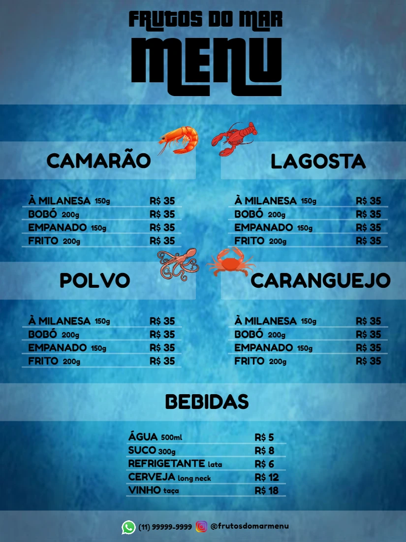 Cardápio de Frutos do Mar Azul para Editar Online