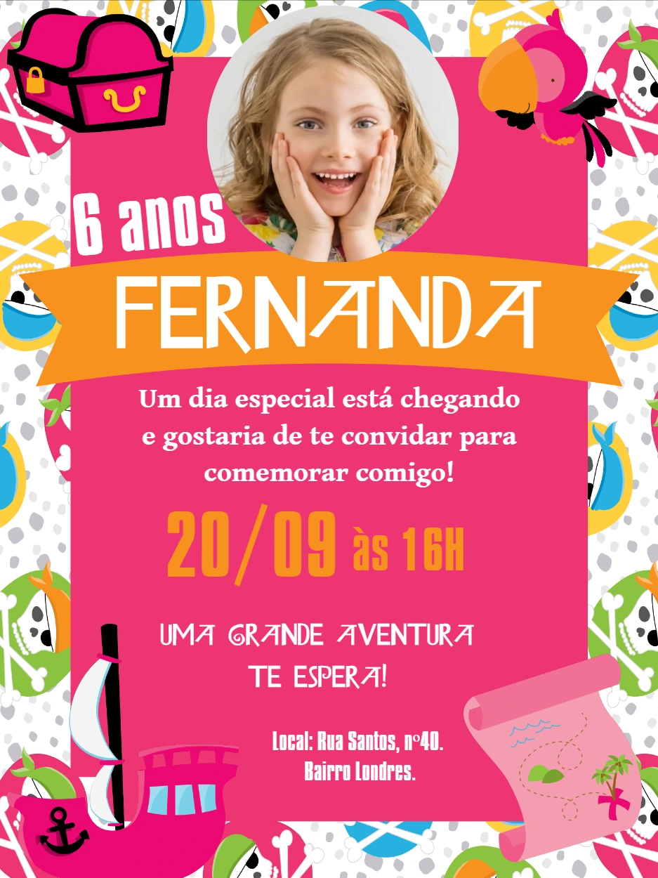 Convite de Aniversário Pirata com Foto para Editar Online