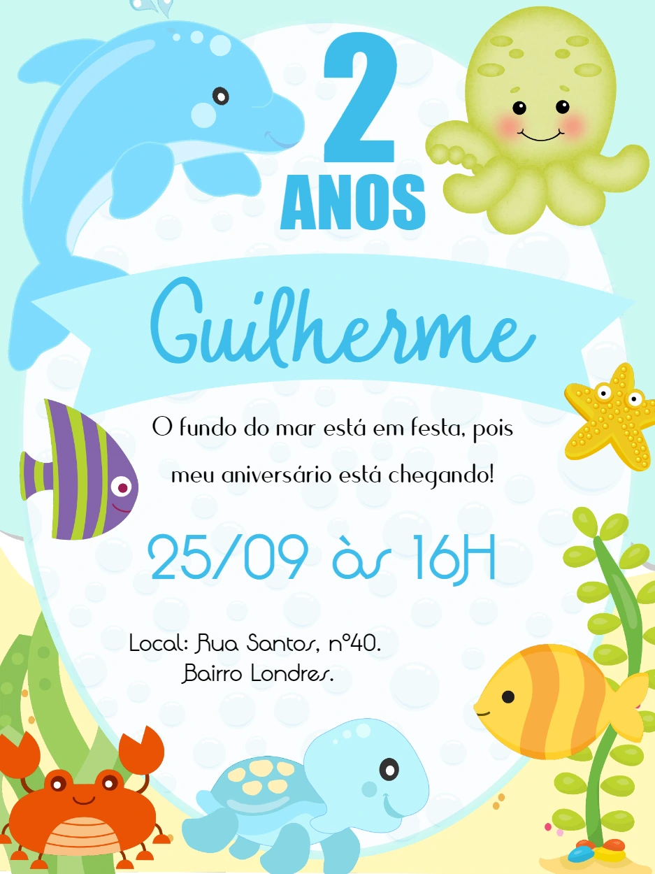 Convite Aniversário Fundo do Mar com Animais para Editar Online