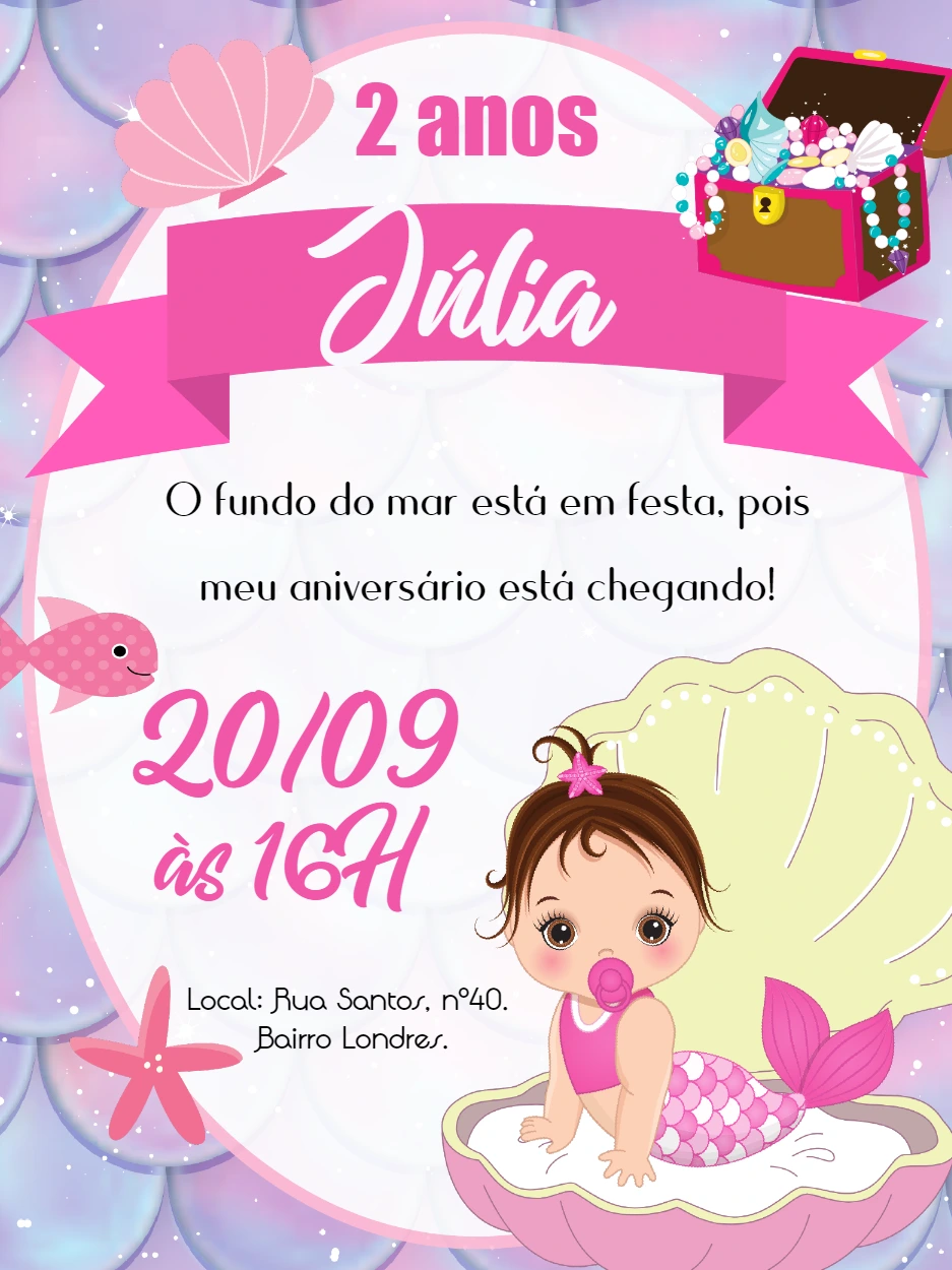 Convite Aniversário Sereia Bebê para Editar Online