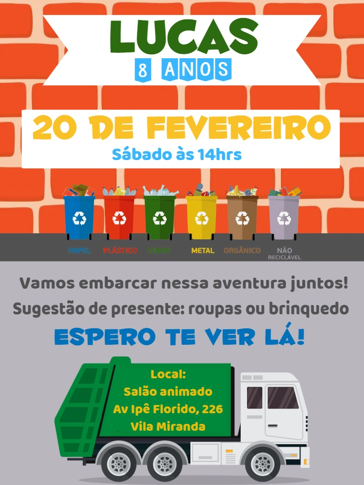 Convite Aniversário Caminhão de Lixo para Editar Online