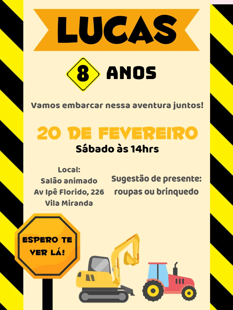 Convite de Aniversário Trator e Construção para Editar Online