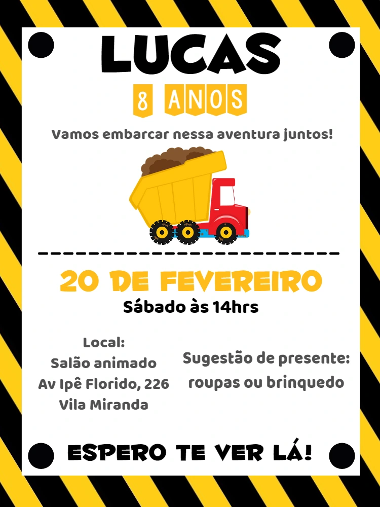 Convite de Aniversário Trator e Construção para Editar Online