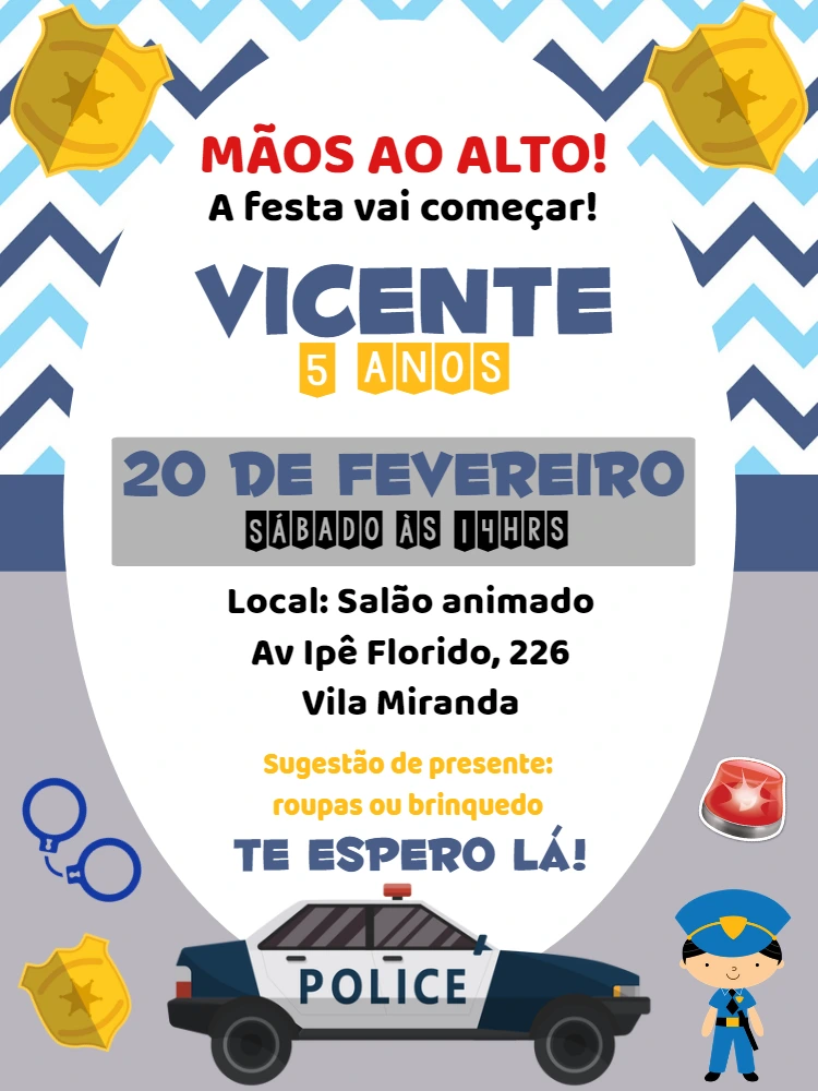 Convite de Aniversário Tema Policial para Editar Online