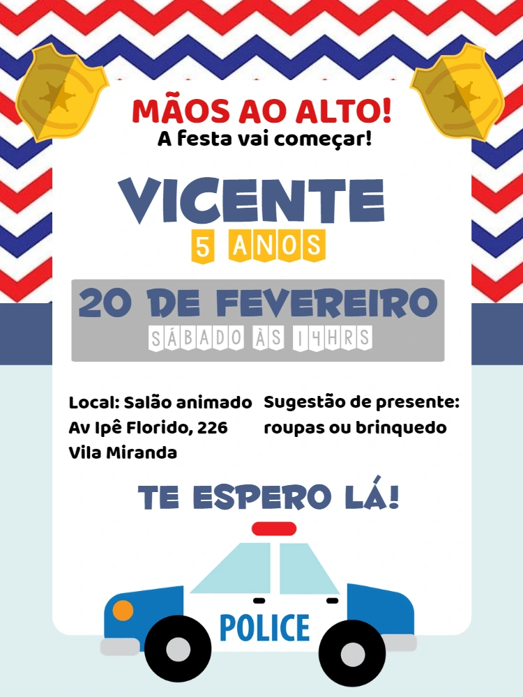 Convite de Aniversário Policial com Carro para Editar Online