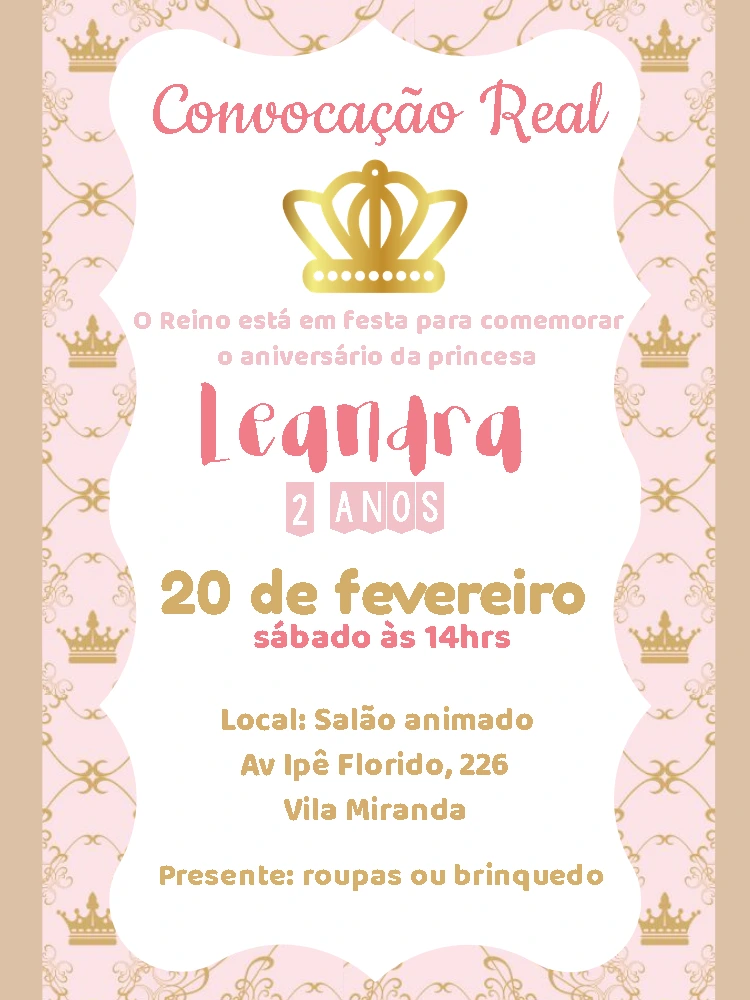 Convite de Aniversário Reinado da Princesa Editável Online