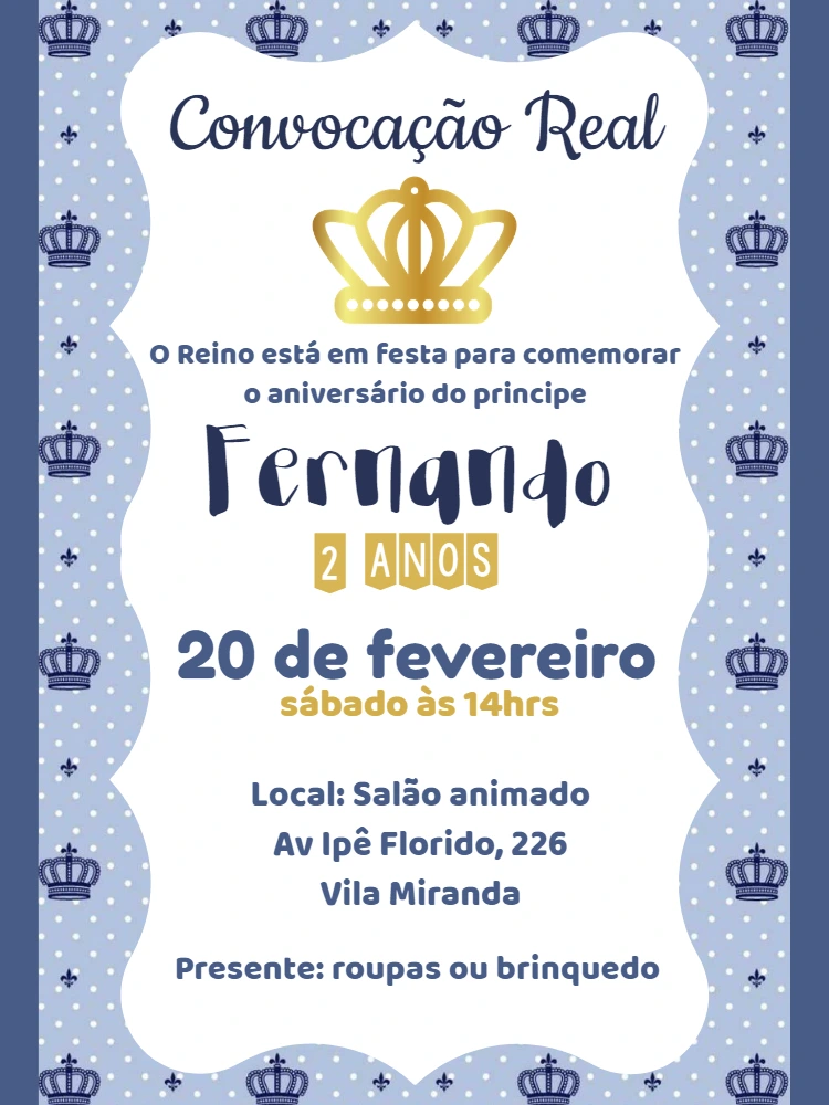 Convite Aniversário Príncipe Coroa Real para Editar Online