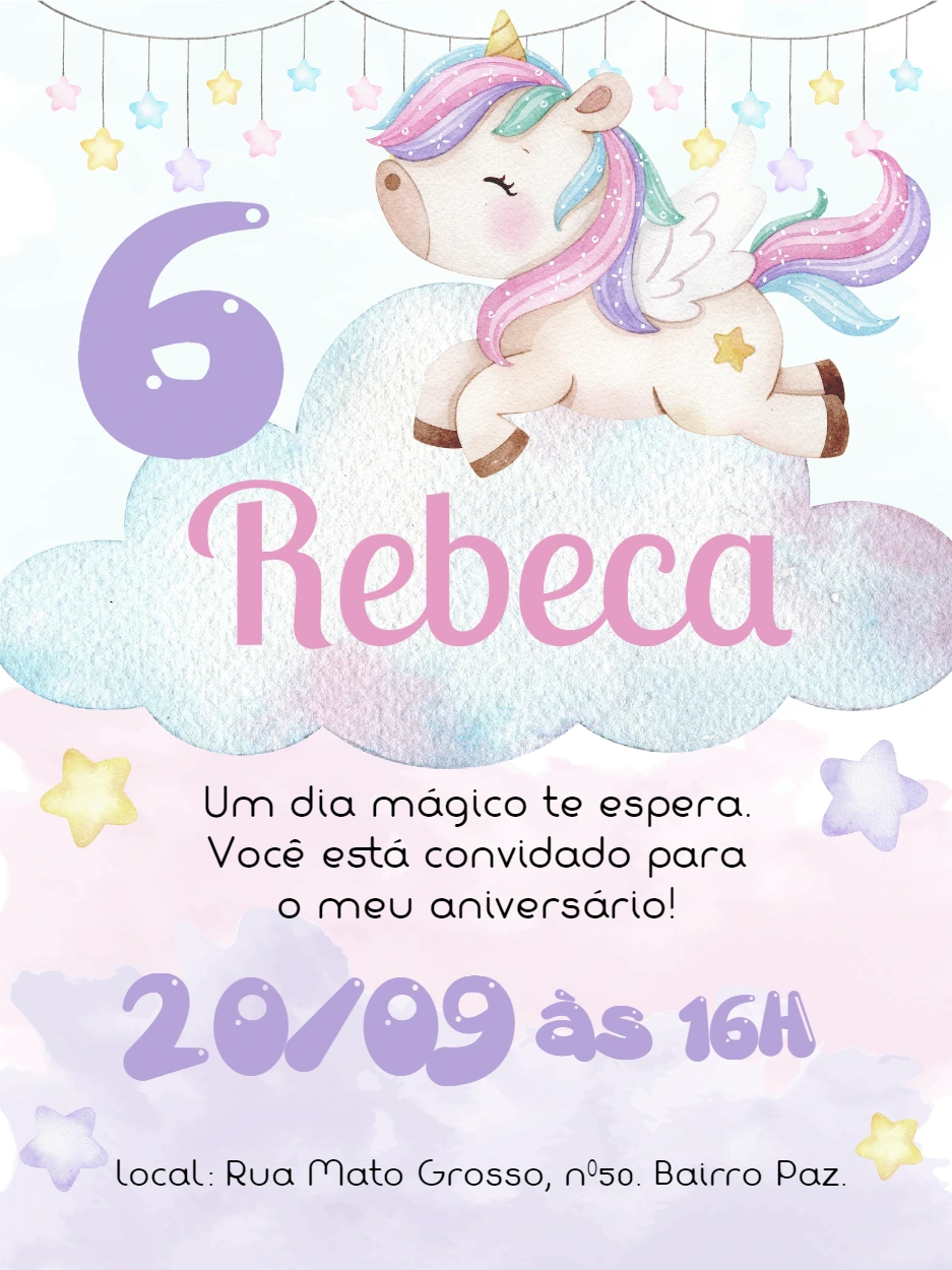 Convite Aniversário Unicórnio Fofo para Editar Online