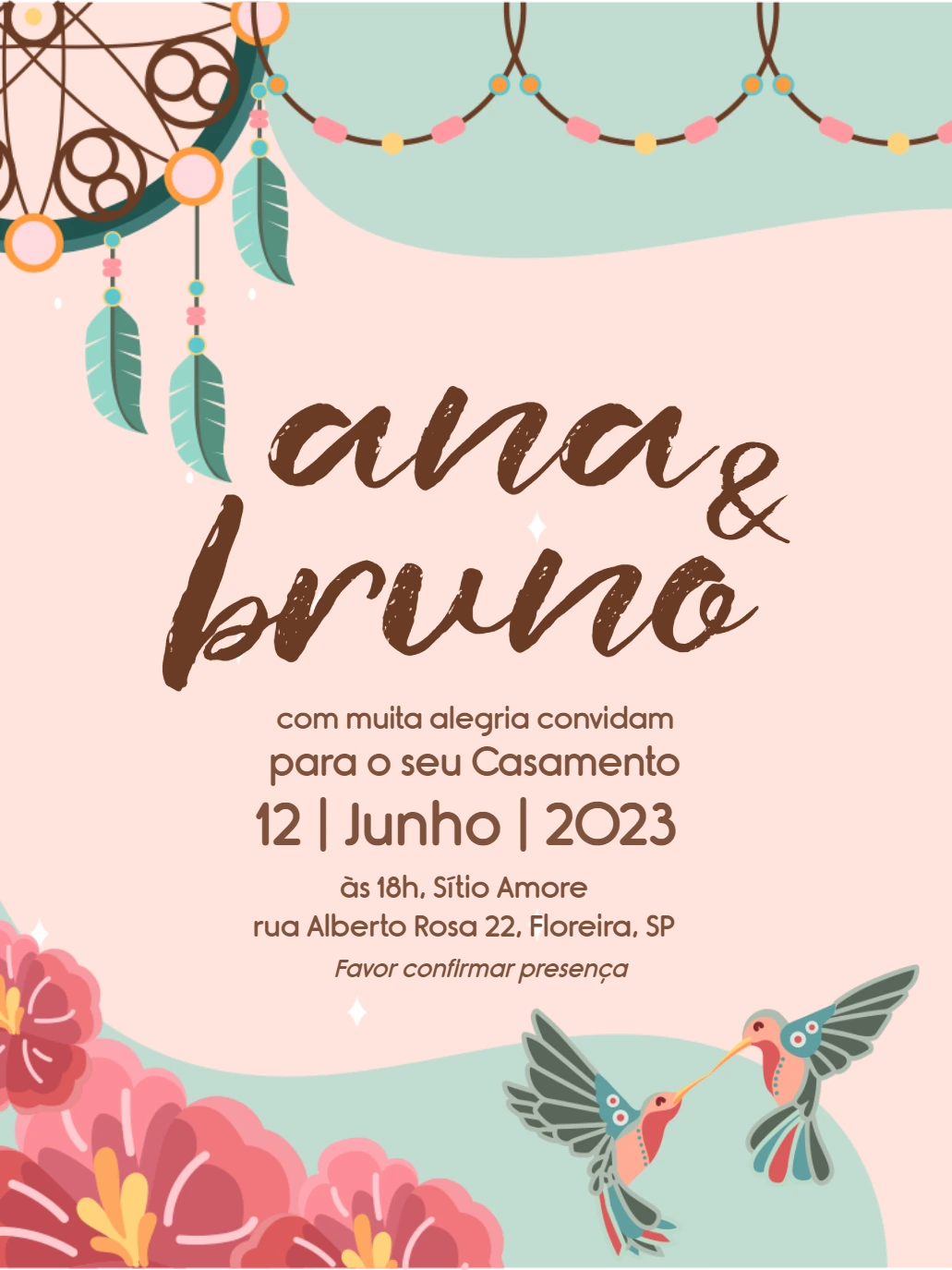 Convite de Casamento Estilo Boho para Editar Online