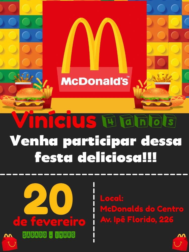 Convite de Aniversário McDonald's e Blocos para Editar Online