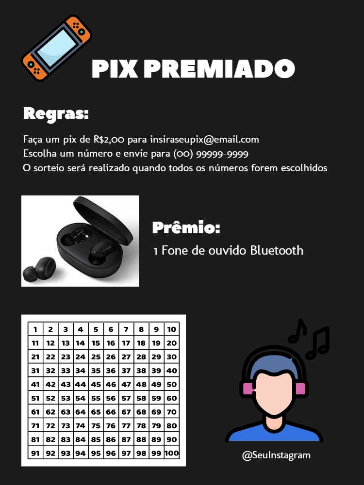 Arte Rifa Pix Premiado com Tabela de Números para Editar Online