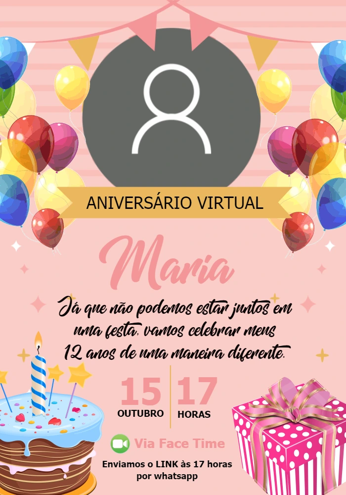 Convite de Aniversário Virtual com Foto e Balões para Editar