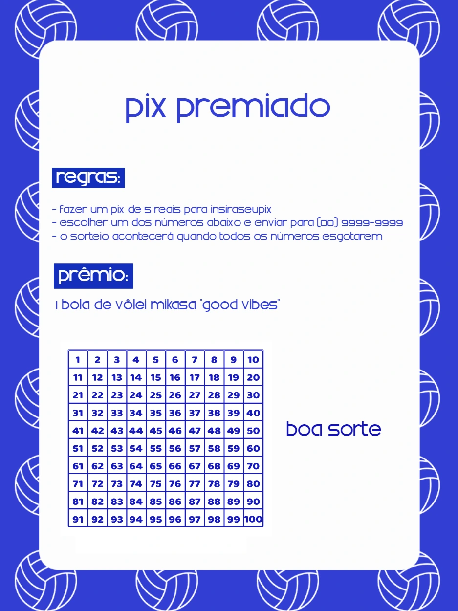 Cartela de Rifa Pix Premiado Vôlei para Editar Online