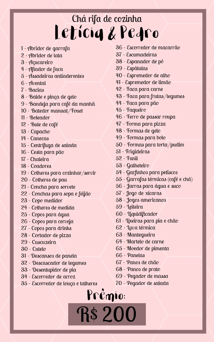 Rifa Chá de Cozinha com Lista de Itens para Editar Online