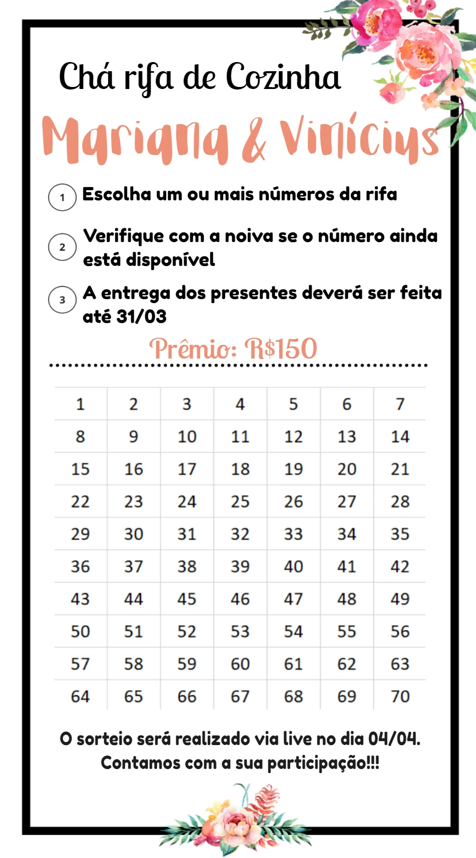 Rifa Chá de Cozinha Floral para Editar e Enviar Online
