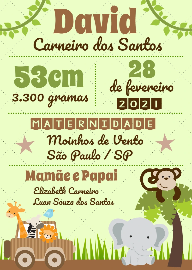 Quadro de Nascimento Bebê Safari para Editar Online