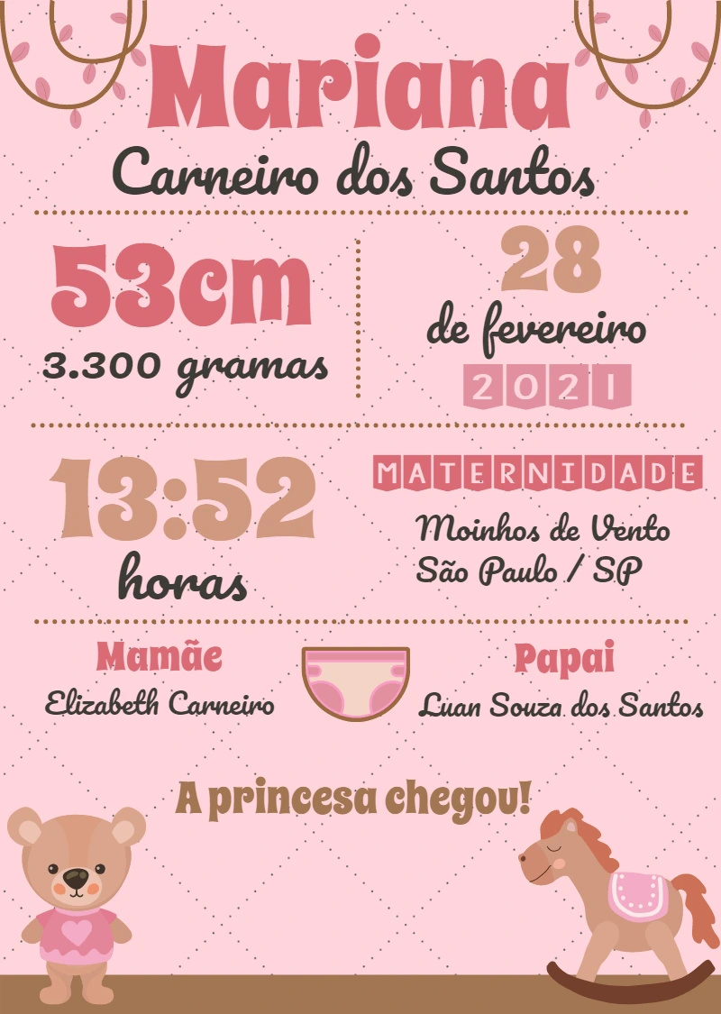 Quadro de Nascimento Ursinha Rosa para Editar Online