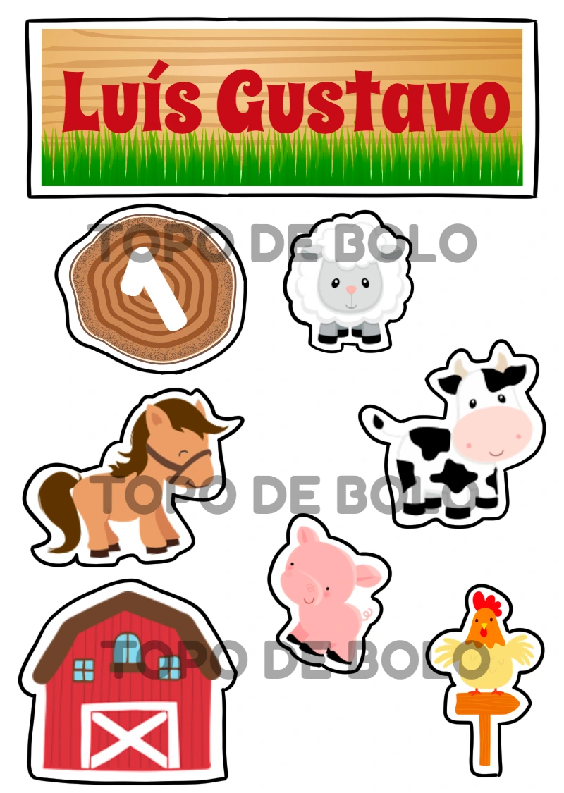 Topo de Bolo Fazendinha com Animais para Editar e Imprimir