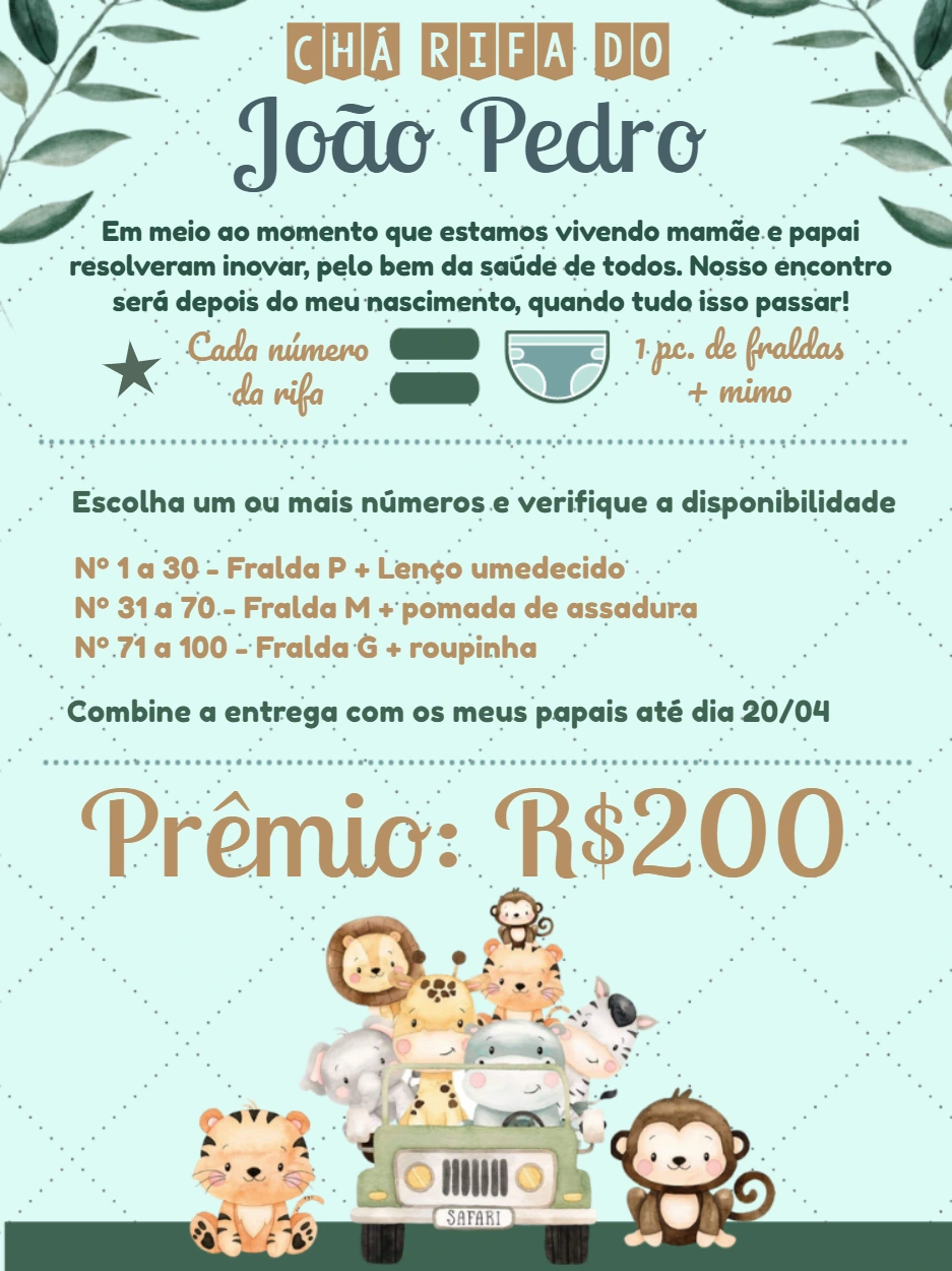 Convite Chá Rifa Safari com Animais Fofos para Editar Online
